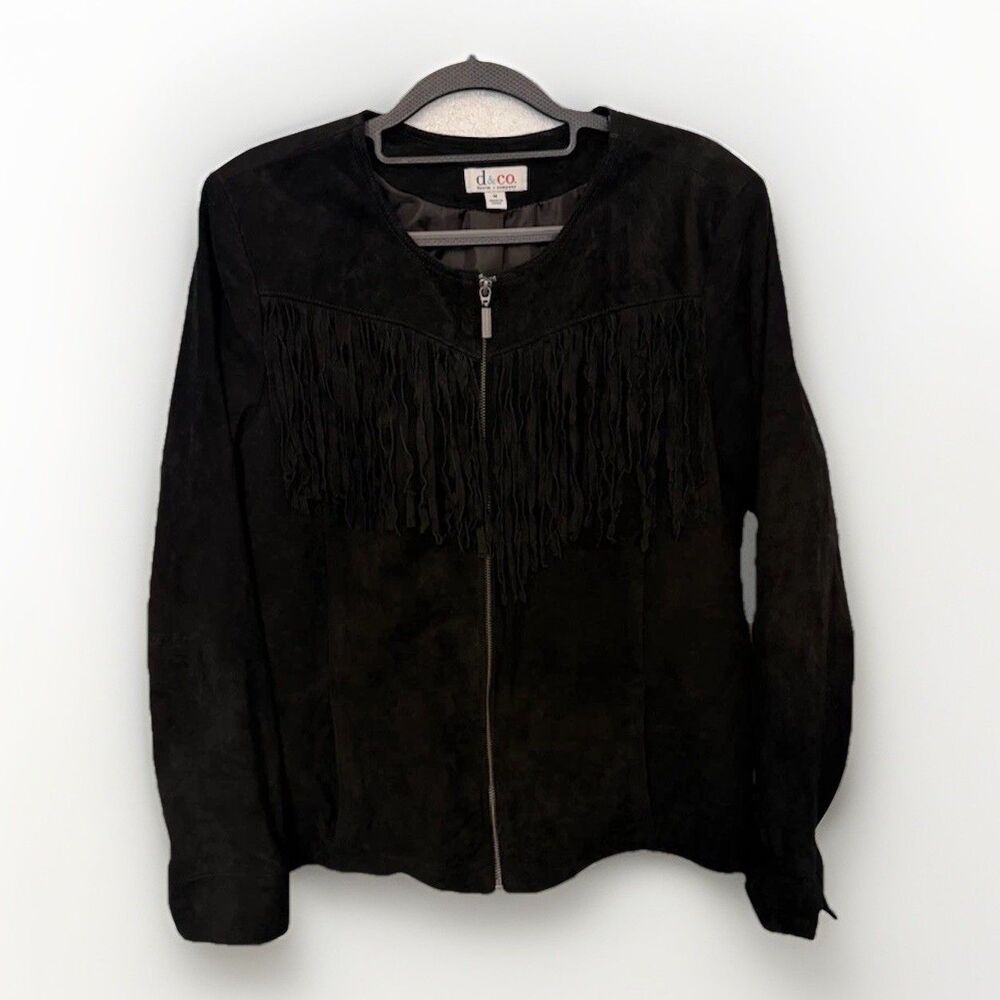 Fringe Suede Black Leather Denim & Co Women's Medium Jacket Rodeo Western Biker